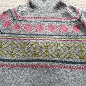 Elegant Light Blue and Pink Patterned Turtleneck Sweater; warm and cozy
